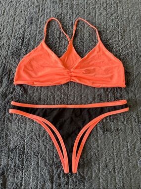 L space Neon Coral and Black Two-Piece Women's Swim Set hot coral